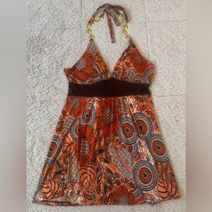 Xi - Rustic Bohemian Stretch Floral Print Metal Ring Halter Tunic or Mini Dress